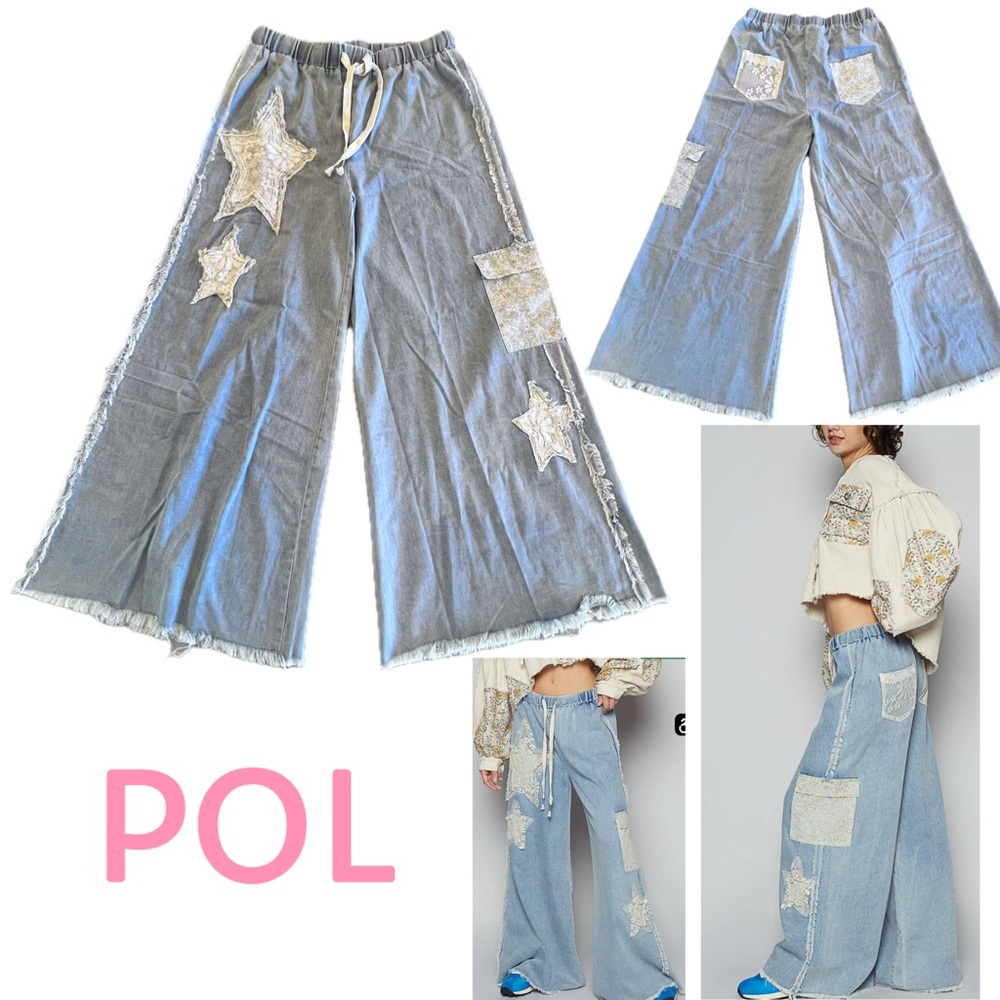 POL Light Blue Flare Jeans Star Patches Fabric Pockets Elastic Drawstring Waist